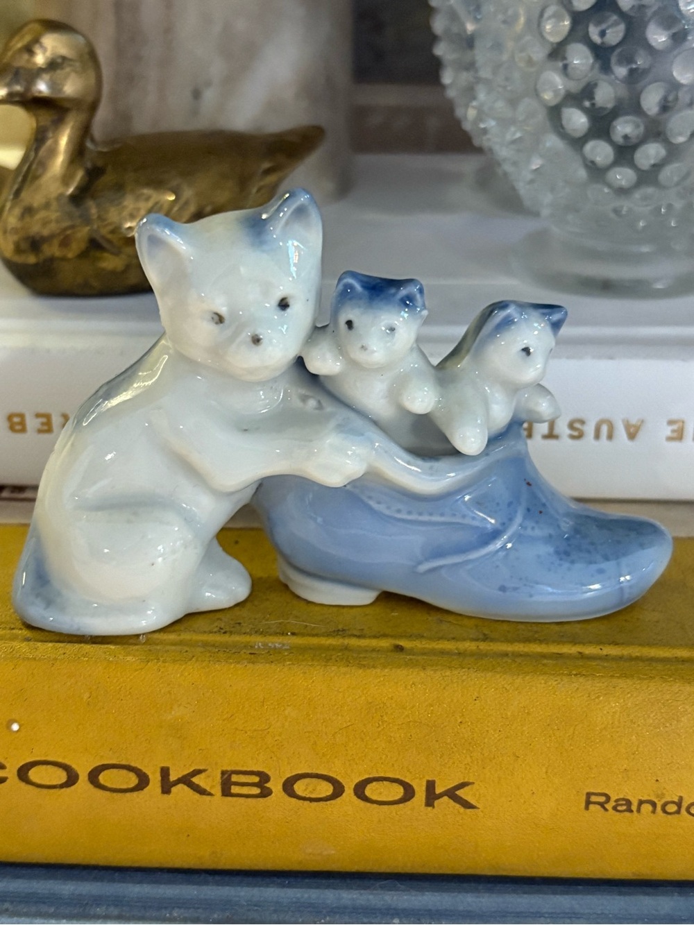 Vintage Made in Japan Porcelain Cat & Kittens in Blue Shoe Figurine Mid Century